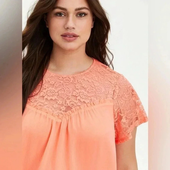 Torrid | Peach Mango Crinkle Chiffon Lace Detail Blouse Plus Size 1X NWT - Picture 1 of 6